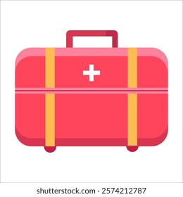 A red suitcase with a yellow strap and a red cross on it. The suitcase is open and ready to be packed