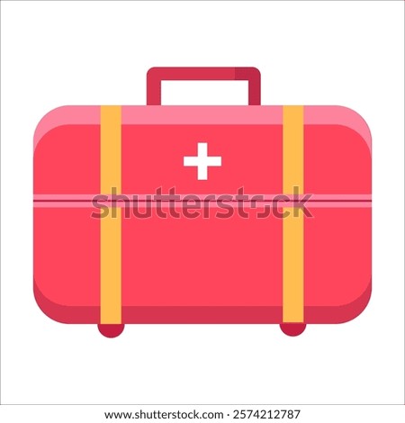 A red suitcase with a yellow strap and a red cross on it. The suitcase is open and ready to be packed