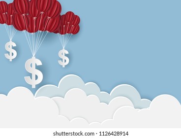Red Summer Balloon. Tied with floating currencies in the sky. business finance concept. creative idea. illustration of  cloud and mountain. paper art