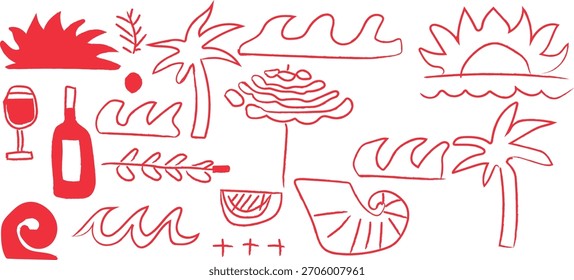Iconos rojos del doodle de las vacaciones de la playa del verano en el fondo blanco para los Elementos de diseño