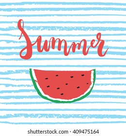 Red Summer brush hand painted lettering phrase isolated on the blue striped background with colorful sketch watermelon. 
