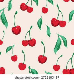 Red Summer Cherries  Decorative seamless pattern. Repeating background. Tileable wallpaper print.