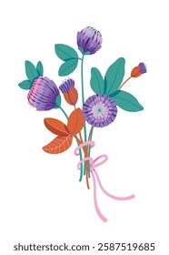 Red summer clover flowers. Bouquet with flowers, buds, leaves and pink ribbon