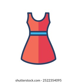 Red summer dress icon. Casual sleeveless red summer dress with a blue belt. Perfect for summer parties and warm weather.