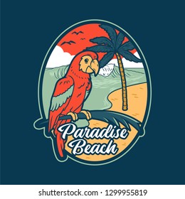 Red summer parrot in tropical jungle near paradise beach with sea ocean big wave and palms. Fashion vintage holiday print illustration sticker patch design t shirt clothes poster. Surfing sun place.