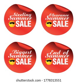 Red Summer Sale Stickers Sizzling, Clearance, Biggest, End Of With Funny Sun Icon. Vector Illustration