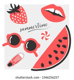 Red summer set with hand drawn elements such as lips, sunglasses, stawberry, watermelon, sneakers and lollipop. Vector flat cartoon illustration