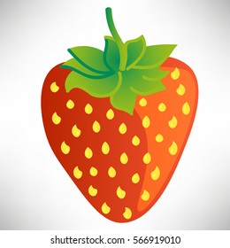 Red summer strawberry with yellow seeds and green leaves isolated on white background. Cartoon style. Vector illustration.