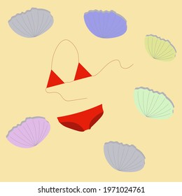 Red summer swimsuit with seashells