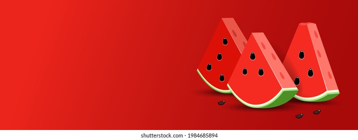 Red Summer template banner with Watermelon. 3D slice Watermelon in realistic stile. Empty place for text. Vector illustration on red background.