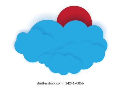 Red sun and blue clouds. Birds are flying in front of clouds. Paper cut style vector illustration. Applicable for weather report illustration