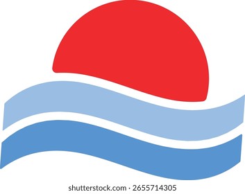 Red Sun and Blue Ocean Wave Illustration