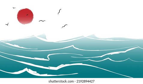 Red sun, blue waves and seagulls. Hand drawn seascape background. Brush stroke texture. Traditional background. Vector illustration