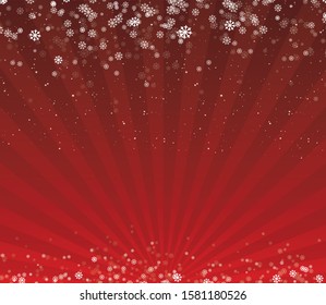 Red sun burst rays vector illustration background for Christmas cards with falling stars and snowflakes for seasonal holidays flyers, greetings, invitations, and cards with room for design and text.