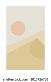 Red sun in desert behind two mountains. Vector illustration, printable.