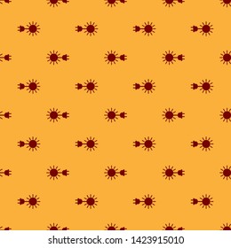 Red Sun with electric plug icon isolated seamless pattern on brown background. Energy saving concept. Vector Illustration