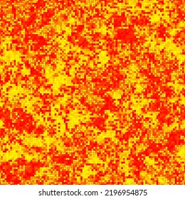 Red Sun Fire Color Halftone Background. Abstract Texture with Squares for Textile Print, Banner, Card, Web or Mobile Applications. Modern Tech Pattern with Color Pixels. Vector Texture.