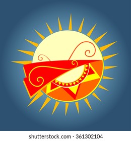 red sun with florid ornamentation inside, on a blue background, vector