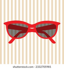 Gafas de sol rojas aisladas sobre fondo de rayas marrón claro. Ilustración vectorial con accesorio de verano de moda. Gafas de sol planas de moda.