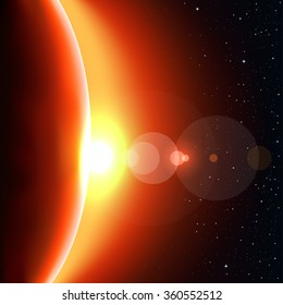Red sun glow light. Stars and reflections of light on background. Space theme