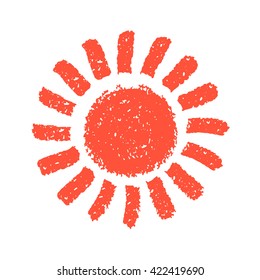 Red sun. Hand painted with pastel crayons. Children style summer sun symbol. Isolated on white background. Decorative graphic element for children books, summer party poster. Vector illustration.