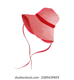Red sun hat with neck strap isolated on white background ,Summer symbol element ,hand drawing illustration , Vector EPS 10