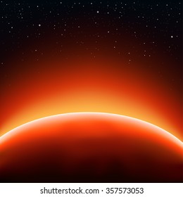 Red sun horizon concept. Stars and space on background