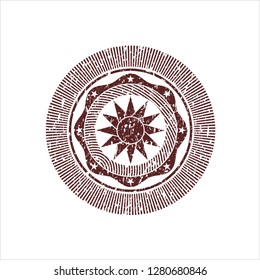 Red sun icon inside distressed grunge seal