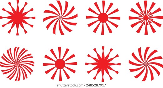 Red Sun icon set. Summer weather symbol. Abstract circular radial sunburst symbol isolated on white background. Summer sunlight icon. Red rising sun symbol isolated on a white background