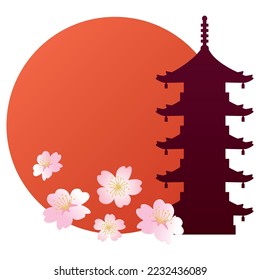 Red sun with japanese pagoda silhouette and cherry blossoms illustration