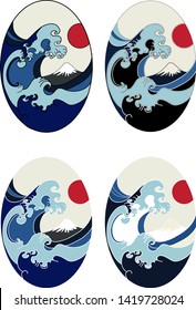 red sun with Japanese wave and cloud background.water splash tattoo.