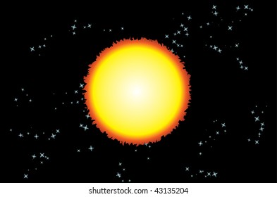 red sun on a black background, space, stars