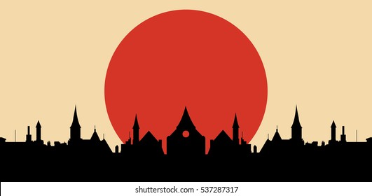 Red sun over city vector silhouette illustration