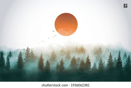 Red sun over the green misty forest trees. Traditional oriental ink painting sumi-e, u-sin, go-hua. Hieroglyph - happiness