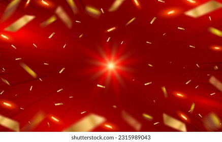 Red sun rays background with shiny golden confetti. Red radial stripes background. Abstract sunburst wallpaper for holiday, party, business website, banner, advertising. Festive concept. Vector EPS10.