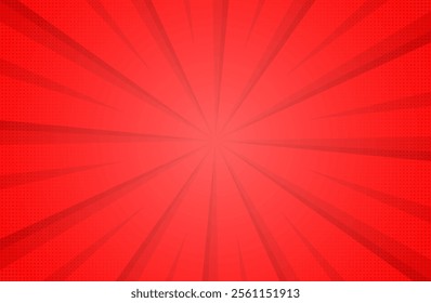 Red sun rays sunburst background with radial halftone pattern vector illustration