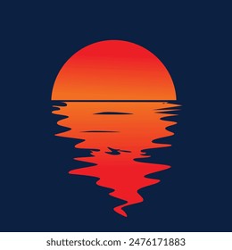 red sun reflecting on sea in dark evening illustration