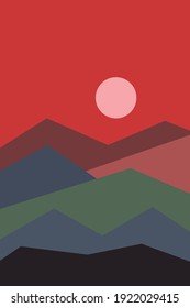 Red sun set sky. Brown, gray, blue, green and black mountains silhouette. Sandy dunes. Graphic design. Nature and ecology. Vertical orientation. Template for social media, post cards and posters
