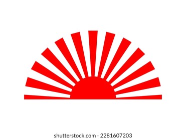 Red sun with sunlight rays sunrise or sunset japanese style icon on white background flat vector design