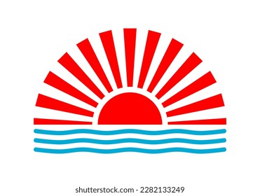 Red sun sunlight rays sunrise or sunset with blue water wave ocean sea japanese style icon on white background flat vector design