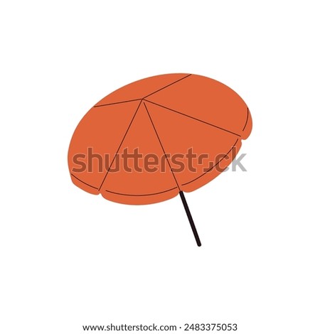 Red sun umbrella for shade during rest on beach. Parasol for protect, safe from heat. Accessory for lounge on summer holiday in sunny weather. Flat isolated vector illustration on white background