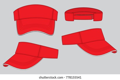 Red Sun Visor Cap With White Sandwich and Adjustable Hook And Loop Strap on Gray Background, Vector File.