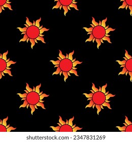 Red sun with yellow flames isolated on black background is in Seamless pattern - vector illustration