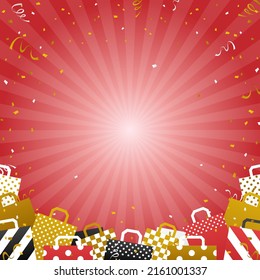 red sunburst background with confetti and shopping bags