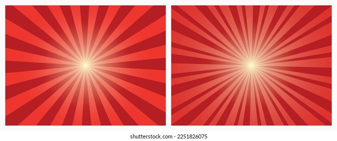 Red Sunburst background. Deep red radial sunbeam backdrop. Vector illustration.