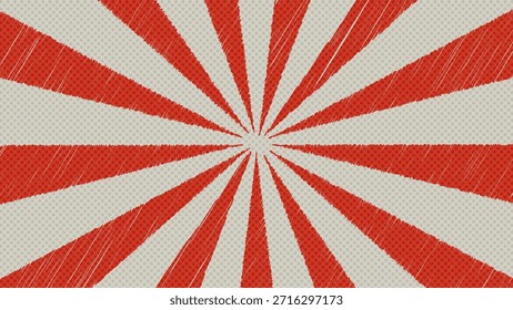 Ilustración vectorial de fondo de cómic de Antiguas de dibujos animados de arte Pop de semitono de textura de garabato rojo Sunburst.