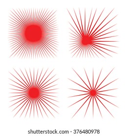 Red sunburst set -  vector pattern shapes, design element, radial star rays square silhouettes. Attract attention vintage decor clip arts for backgrounds. Retro sunburst vector illustration. Eps 8.