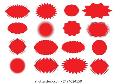 Red Sunburst Aufkleber Set isoliert auf weißem Hintergrund. Sunburst Preis Aufkleber. Rote Sternenblase, Sonnenblase, Stempel, Siegel, Etikett und Abzeichen, Aufkleber. Vektorillustration.