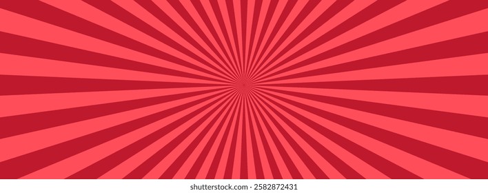 Red sunbust banner with sun rays. Red sumburst comic background