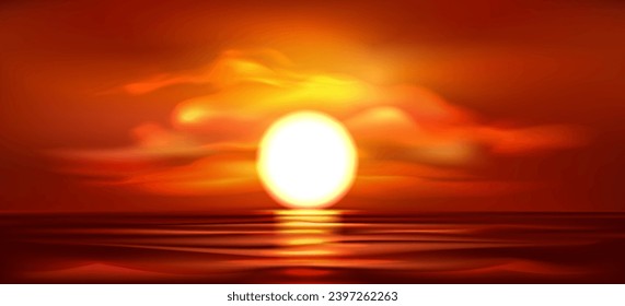 Capa marina roja de caída del sol. Tarde por la noche Reflejo de Sunburst superficie oceánica Fondo horizontal. Ilustración de vectores de mano 100%. No se utilizó IA.